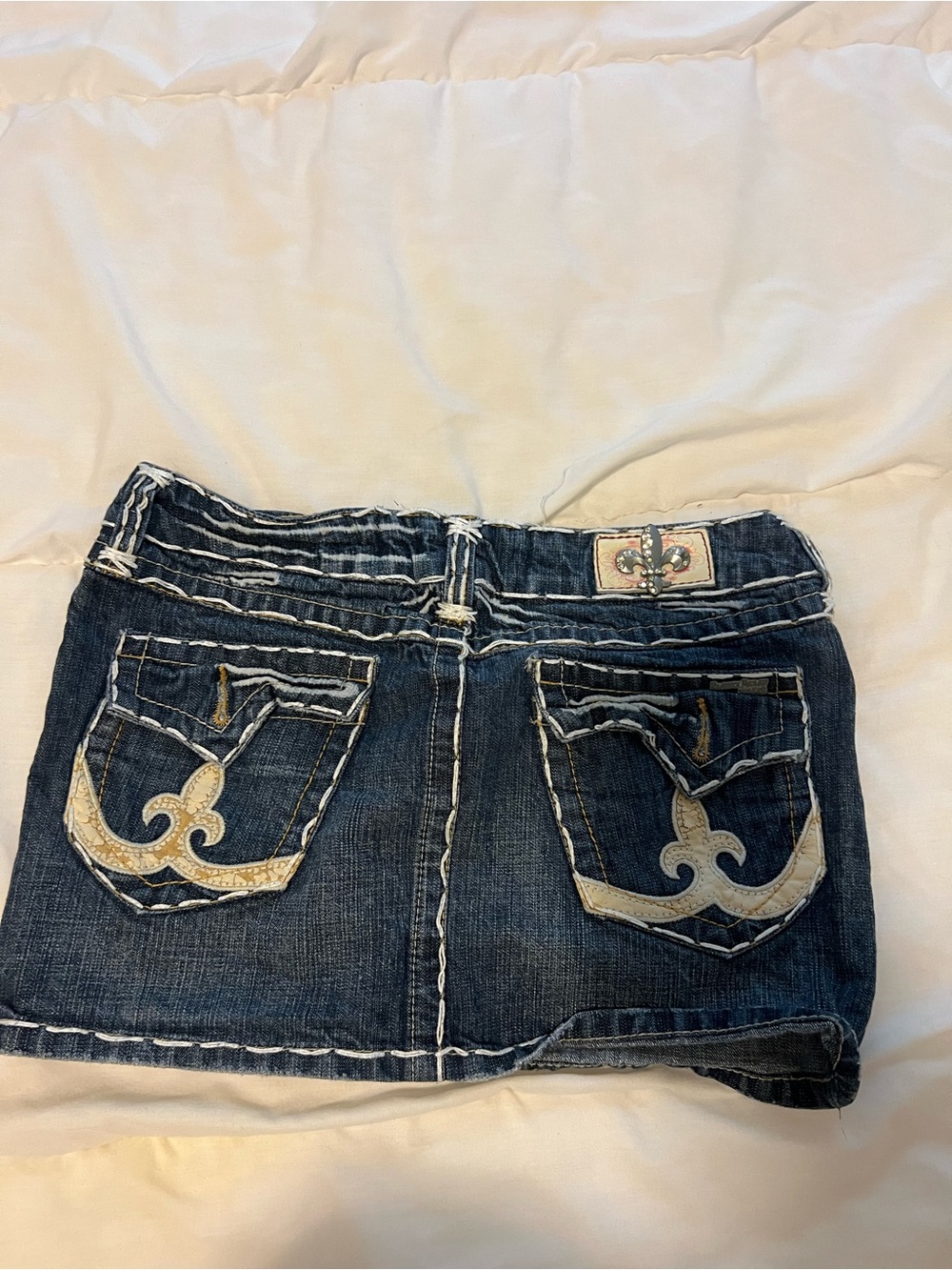 Girls Dark Blue Denim Mini Skirt with Embroidered Pocket Accents